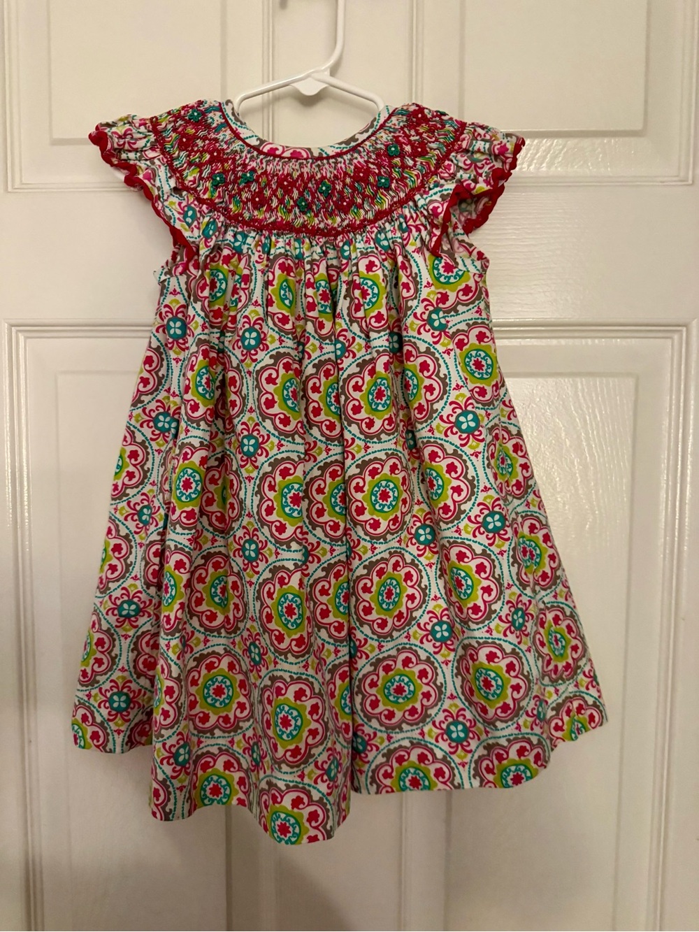 Classic Smocked Little Girl Dress in Medallion Print, 18M size